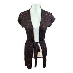 Eileen Fisher Organic Cotton Open Knit Cap Sleeve Belted Cardigan Women's PS